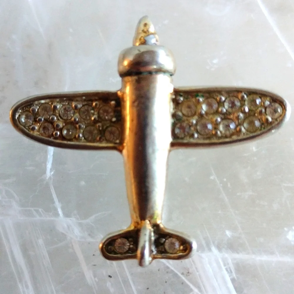 VINTAGE COOK L SOLID SILVER PIN AIRPLANE CRYSTALS SIGNED HALLMARKS